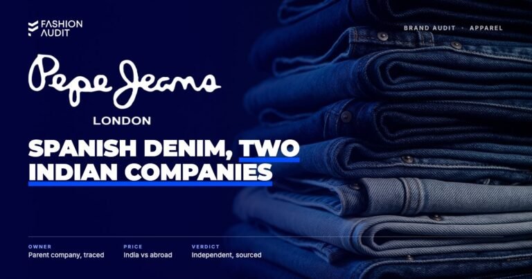 Pepe Jeans brand audit by FashionAudit: Pepe Jeans logo over stacks of folded indigo denim jeans in various washes