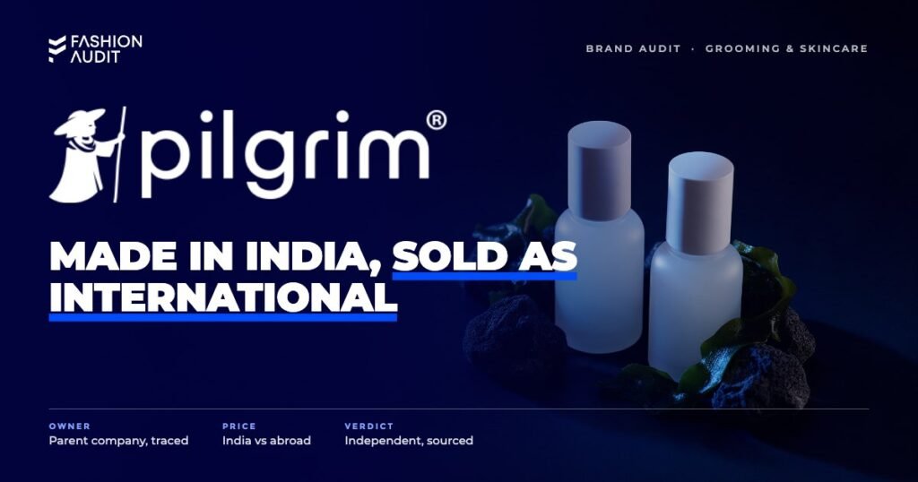 Pilgrim brand audit by FashionAudit: Pilgrim logo over Korean-style serum bottles beside volcanic rock and seaweed