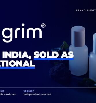 Pilgrim brand audit by FashionAudit: Pilgrim logo over Korean-style serum bottles beside volcanic rock and seaweed
