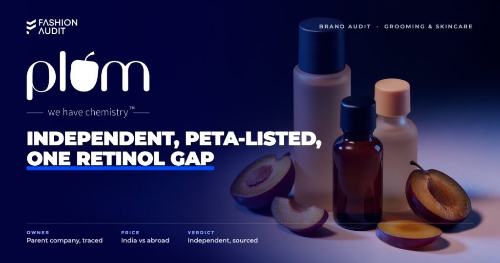 Plum brand audit by FashionAudit: Plum logo over vegan skincare bottles with plum fruit slices on a pastel surface