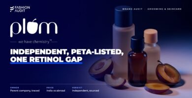 Plum brand audit by FashionAudit: Plum logo over vegan skincare bottles with plum fruit slices on a pastel surface