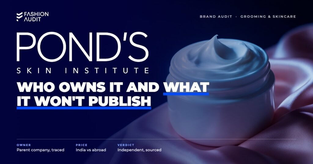 Pond's brand audit by FashionAudit: Pond's logo over a classic white jar of cold cream with a swirl of cream on soft pink satin
