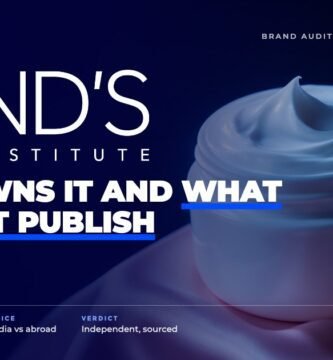Pond's brand audit by FashionAudit: Pond's logo over a classic white jar of cold cream with a swirl of cream on soft pink satin