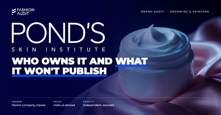 Pond's brand audit by FashionAudit: Pond's logo over a classic white jar of cold cream with a swirl of cream on soft pink satin