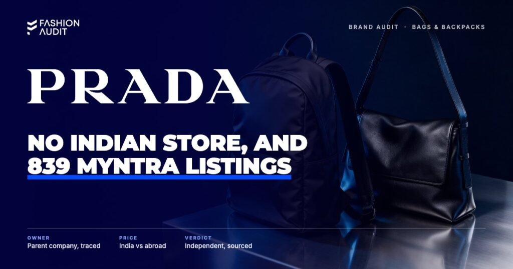 Prada brand audit by FashionAudit: Prada logo over a sleek black nylon backpack and a black leather shoulder bag on polished steel