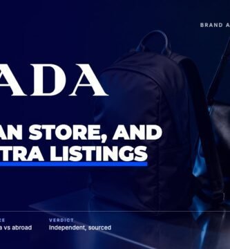 Prada brand audit by FashionAudit: Prada logo over a sleek black nylon backpack and a black leather shoulder bag on polished steel