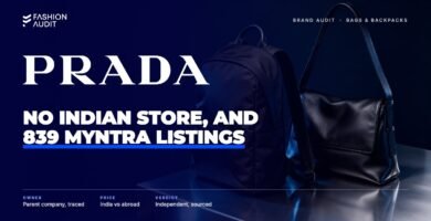 Prada brand audit by FashionAudit: Prada logo over a sleek black nylon backpack and a black leather shoulder bag on polished steel