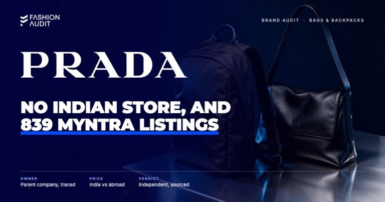 Prada brand audit by FashionAudit: Prada logo over a sleek black nylon backpack and a black leather shoulder bag on polished steel