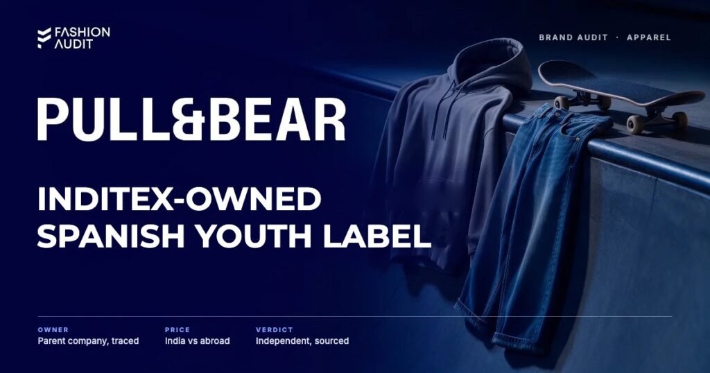 Pull & Bear brand audit by FashionAudit: Pull & Bear logo and the headline “Inditex-Owned Spanish Youth Label” over an oversized plain hoodie