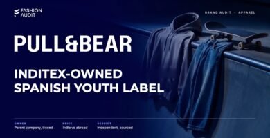 Pull & Bear brand audit by FashionAudit: Pull & Bear logo and the headline “Inditex-Owned Spanish Youth Label” over an oversized plain hoodie