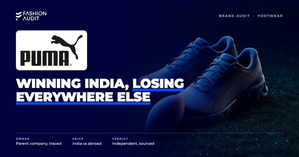 Puma brand audit by FashionAudit: Puma logo over a pair of performance running sneakers and a football on grass