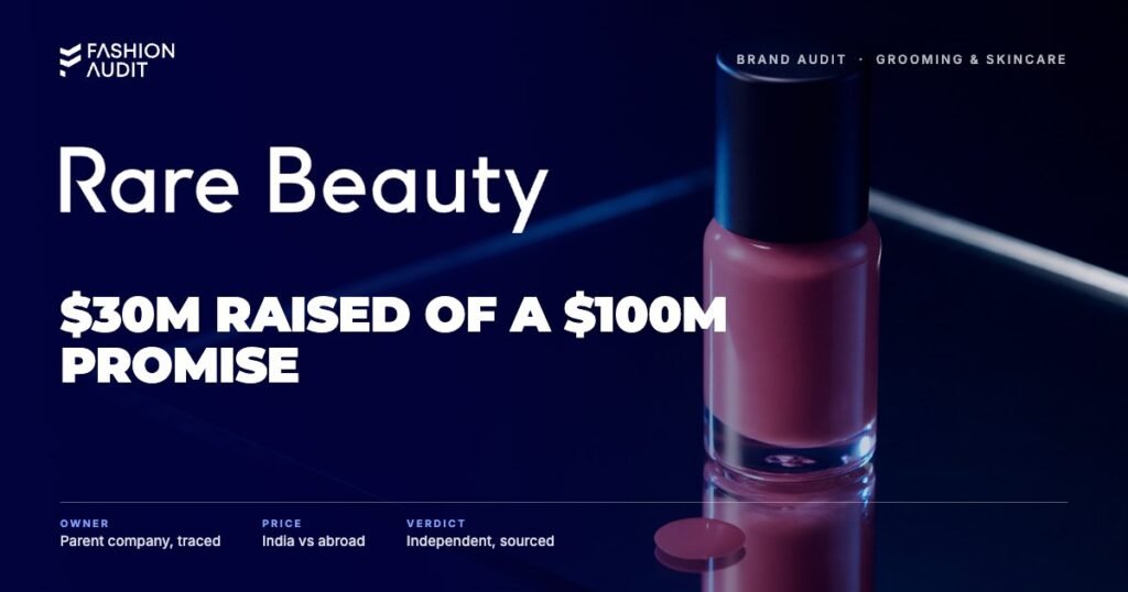 Rare Beauty brand audit by FashionAudit: Rare Beauty logo over a liquid blush bottle on a mirror