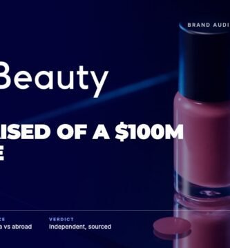 Rare Beauty brand audit by FashionAudit: Rare Beauty logo over a liquid blush bottle on a mirror