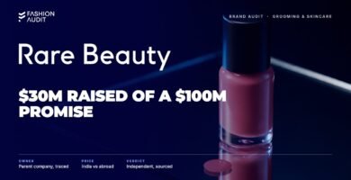 Rare Beauty brand audit by FashionAudit: Rare Beauty logo over a liquid blush bottle on a mirror