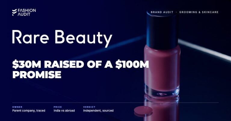 Rare Beauty brand audit by FashionAudit: Rare Beauty logo over a liquid blush bottle on a mirror