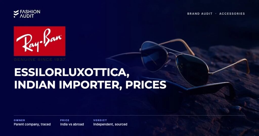 Ray-Ban brand audit by FashionAudit: Ray-Ban logo and the headline “EssilorLuxottica, Indian Importer, Prices” over classic black acetate sunglasses and gold metal aviator sunglasses with green lenses
