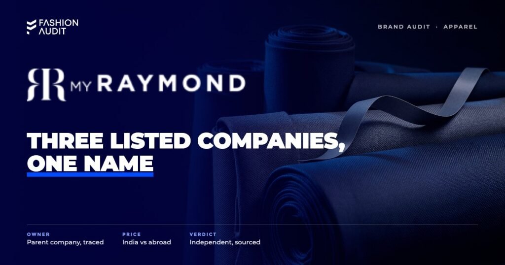 Raymond brand audit by FashionAudit: Raymond logo over fine suiting fabric bolts in navy and grey with a tailor's measuring tape