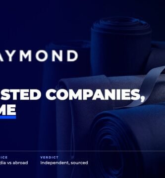 Raymond brand audit by FashionAudit: Raymond logo over fine suiting fabric bolts in navy and grey with a tailor's measuring tape