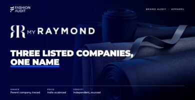 Raymond brand audit by FashionAudit: Raymond logo over fine suiting fabric bolts in navy and grey with a tailor's measuring tape
