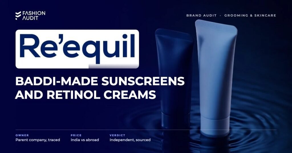 Re'equil brand audit by FashionAudit: Re'equil logo and the headline “Baddi-Made Sunscreens and Retinol Creams” over sunscreen and gentle cleanser tubes with water ripples