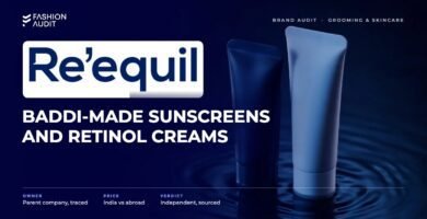 Re'equil brand audit by FashionAudit: Re'equil logo and the headline “Baddi-Made Sunscreens and Retinol Creams” over sunscreen and gentle cleanser tubes with water ripples
