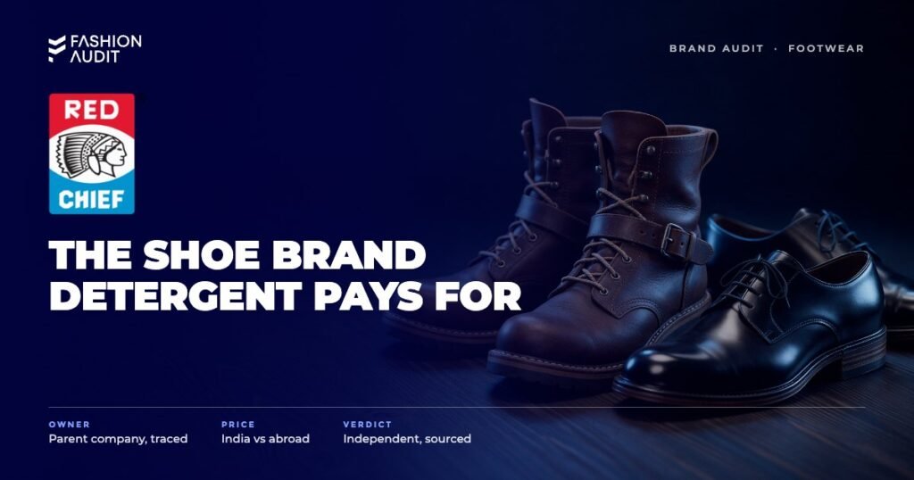 Red Chief brand audit by FashionAudit: Red Chief logo over a pair of rugged leather boots and formal shoes on dark wood