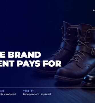 Red Chief brand audit by FashionAudit: Red Chief logo over a pair of rugged leather boots and formal shoes on dark wood