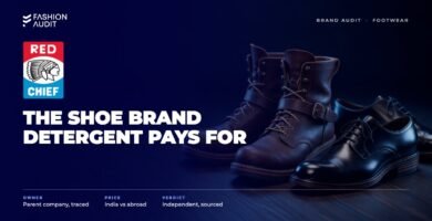 Red Chief brand audit by FashionAudit: Red Chief logo over a pair of rugged leather boots and formal shoes on dark wood