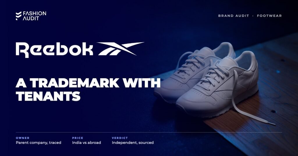 Reebok brand audit by FashionAudit: Reebok logo over a pair of classic white leather training shoes on a gym floor
