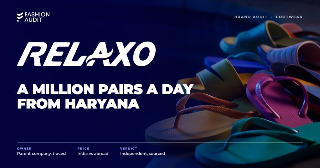 Relaxo brand audit by FashionAudit: Relaxo logo over colourful everyday rubber flip-flops and slides arranged by a pool