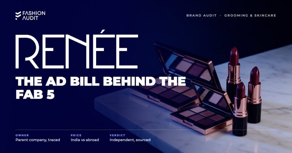 Renee Cosmetics brand audit by FashionAudit: Renee Cosmetics logo over glam makeup palettes and lipsticks with rose gold accents on marble