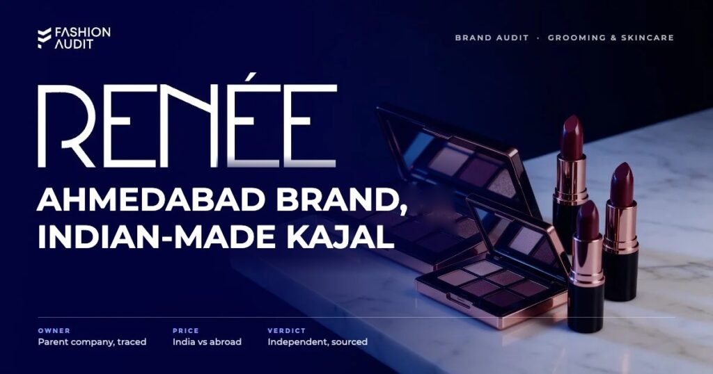 Renee Cosmetics brand audit by FashionAudit: Renee Cosmetics logo and the headline “Ahmedabad Brand, Indian-Made Kajal” over glam makeup palettes and lipsticks with rose gold accents on marble