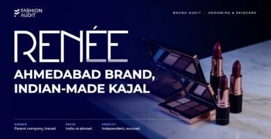 Renee Cosmetics brand audit by FashionAudit: Renee Cosmetics logo and the headline “Ahmedabad Brand, Indian-Made Kajal” over glam makeup palettes and lipsticks with rose gold accents on marble