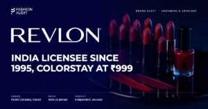 Revlon brand audit by FashionAudit: Revlon logo and the headline “India Licensee Since 1995, ColorStay at ₹999” over a row of bold red and berry lipsticks