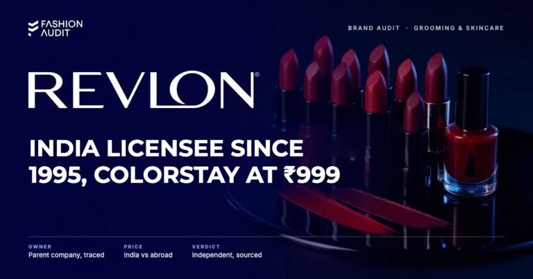 Revlon brand audit by FashionAudit: Revlon logo and the headline “India Licensee Since 1995, ColorStay at ₹999” over a row of bold red and berry lipsticks
