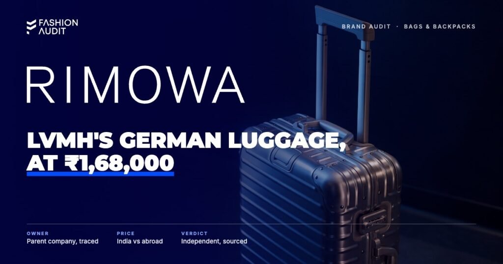 Rimowa brand audit by FashionAudit: Rimowa logo over an aluminium cabin suitcase