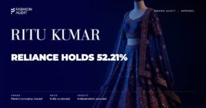 Ritu Kumar brand audit by FashionAudit: Ritu Kumar logo over an intricately embroidered silk lehenga in jewel tones on a mannequin
