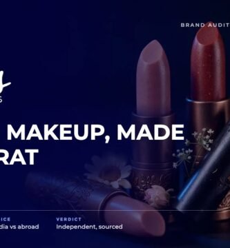 Ruby's Organics brand audit by FashionAudit: Ruby's Organics logo and the headline “Mumbai Makeup, Made in Gujarat” over lipsticks and kajal with flowers