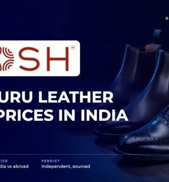 Ruosh brand audit by FashionAudit: Ruosh logo and the headline “Bengaluru Leather Shoes, Prices in India” over a pair of sleek men's leather chelsea boots and brogues on a dark wood floor