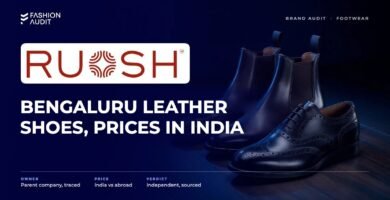 Ruosh brand audit by FashionAudit: Ruosh logo and the headline “Bengaluru Leather Shoes, Prices in India” over a pair of sleek men's leather chelsea boots and brogues on a dark wood floor