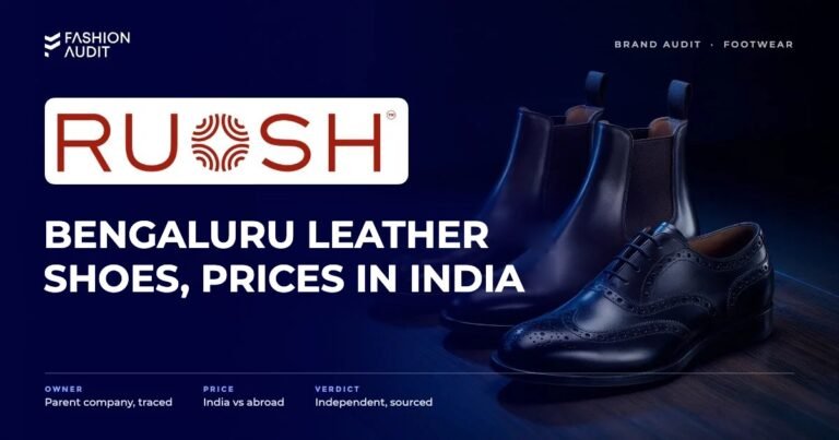 Ruosh brand audit by FashionAudit: Ruosh logo and the headline “Bengaluru Leather Shoes, Prices in India” over a pair of sleek men's leather chelsea boots and brogues on a dark wood floor