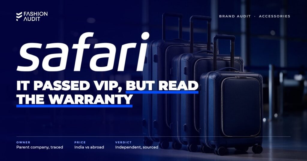 Safari brand audit by FashionAudit: Safari logo over a set of durable polycarbonate trolley suitcases in a bright airport hall
