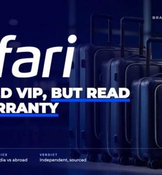 Safari brand audit by FashionAudit: Safari logo over a set of durable polycarbonate trolley suitcases in a bright airport hall