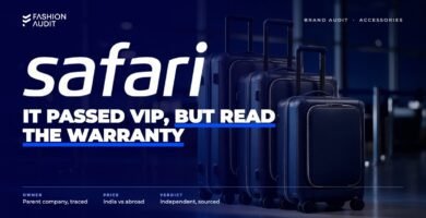 Safari brand audit by FashionAudit: Safari logo over a set of durable polycarbonate trolley suitcases in a bright airport hall