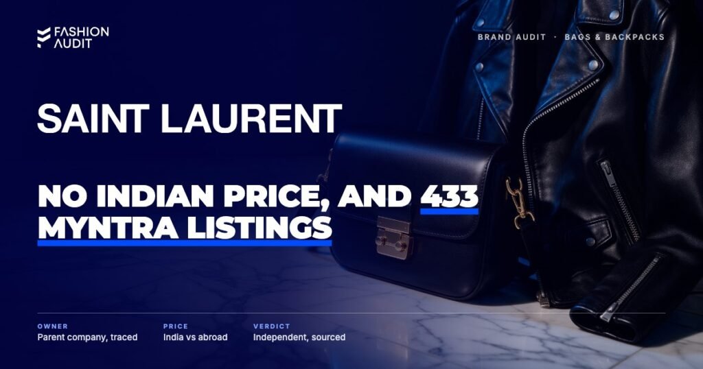 Saint Laurent brand audit by FashionAudit: Saint Laurent logo over a black leather crossbody bag with gold hardware and a black leather biker jacket