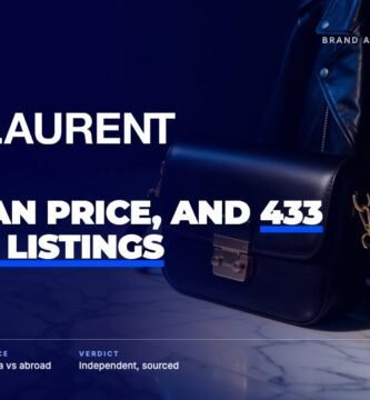 Saint Laurent brand audit by FashionAudit: Saint Laurent logo over a black leather crossbody bag with gold hardware and a black leather biker jacket