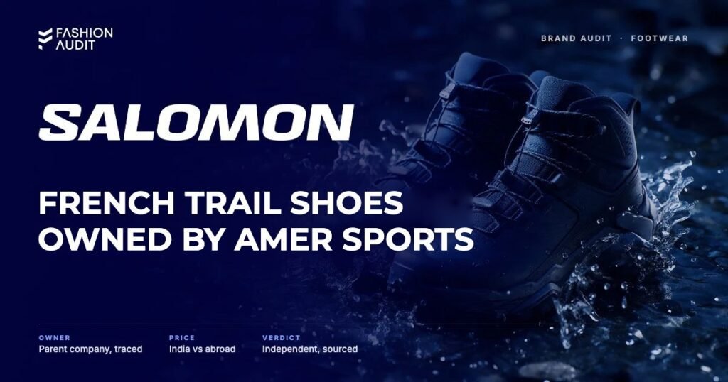 Salomon brand audit by FashionAudit: Salomon logo and the headline “French Trail Shoes Owned by Amer Sports” over a pair of technical trail-running shoes