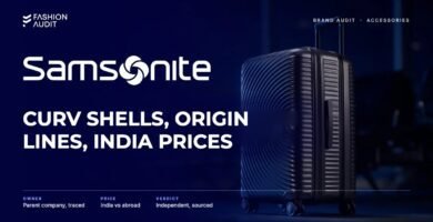 Samsonite brand audit by FashionAudit: Samsonite logo and the headline “Curv Shells, Origin Lines, India Prices” over a sleek graphite hard-shell spinner suitcase