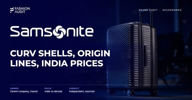 Samsonite brand audit by FashionAudit: Samsonite logo and the headline “Curv Shells, Origin Lines, India Prices” over a sleek graphite hard-shell spinner suitcase