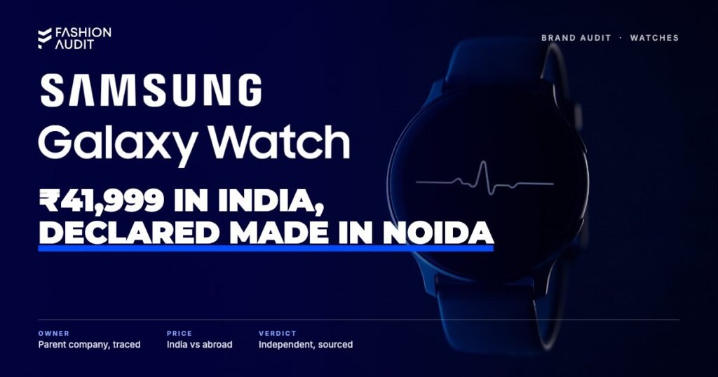 Samsung Galaxy Watch brand audit by FashionAudit: Samsung Galaxy Watch logo over a round smartwatch showing a heart-rate graph